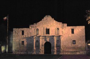 The Alamo at night. One can almost imagine those long-ago Texian soldiers hunkered behind these walls, listening to signs of attack from the Mexican Army. Photo by Kathy Alexander.
