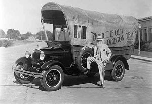 Ezra Meeker and a converted Model A Ford which we planned to use for his 1928 trip before his death.
