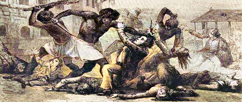 Depiction of a slave rebellion. Depiction of a slave rebellion.