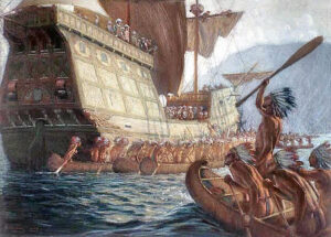 Samuel de Champlain arrives at the future site of Quebec City, Canada by George A. Reid.