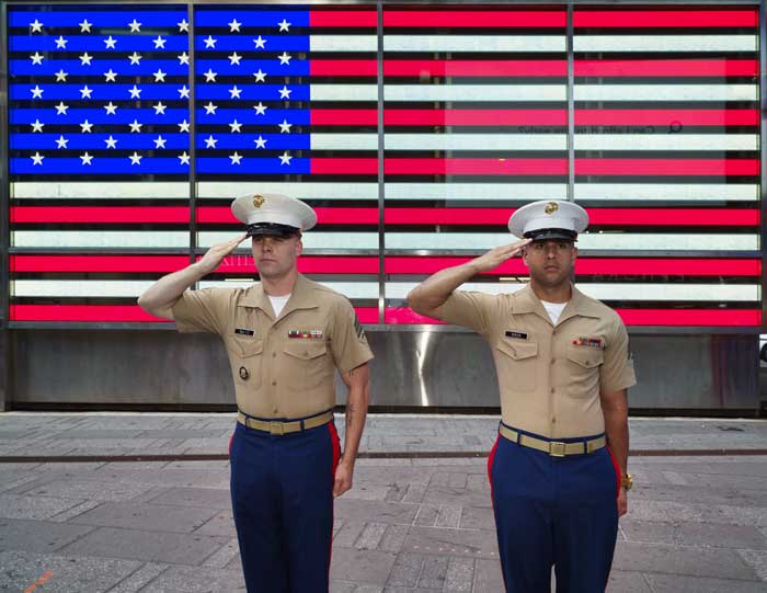 U.S. Marine sergeants salute the flag in Times Square, New York by Carol Highsmith.