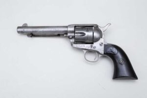 Harry Wheeler’s Colt 1873 SA 45 caliber revolver with his name on it that is in the NRA Museuem in Virginia.